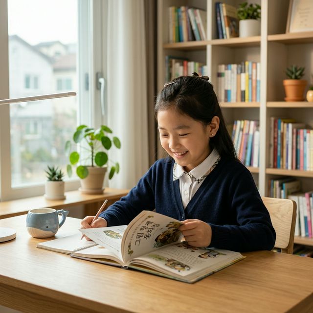 밝게 웃으며 공부하는 한국인 초등학생